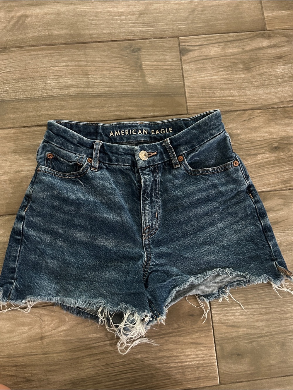 American Eagle Outfitters Dark Blue High-Rise Frayed Hem Denim Shorts